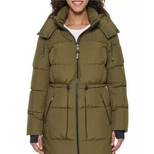 DKNY Women's Long Puffer Parka Hooded Jacket, Green, Coat , XL